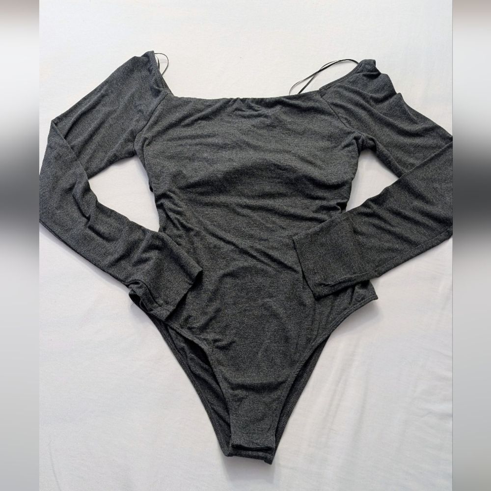 LUSH Square Neck Long sleeve Cross Back Body Suit - Charcoal Gray